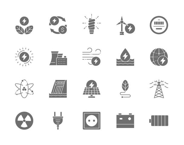 Zestaw ikon przemysłu energetycznego Gray. Elektrownia, elektrownia słoneczna, bateria i wiele innych. - Wektor, obraz
