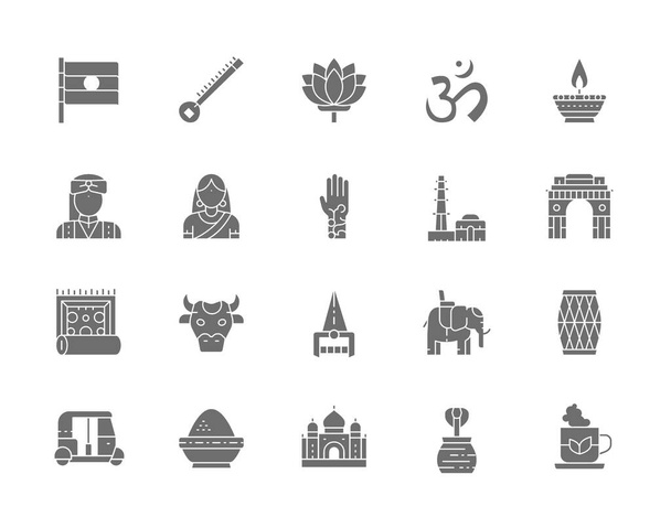 インド文化の灰色のアイコンのセット。象、トゥクトゥク車、コブラ、シタール、マントラ、オイルランプ、動物など. - ベクター画像