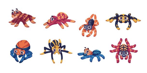 Roztomilý pavouk. Kreslený dětský hmyzí maskot s velkýma očima pro ilustraci dětí. Izolované tarantulové znaky plazící se a splétající pavučinu. Jedovatá fauna. Sada vektorových kawaiských pavouků - Vektor, obrázek
