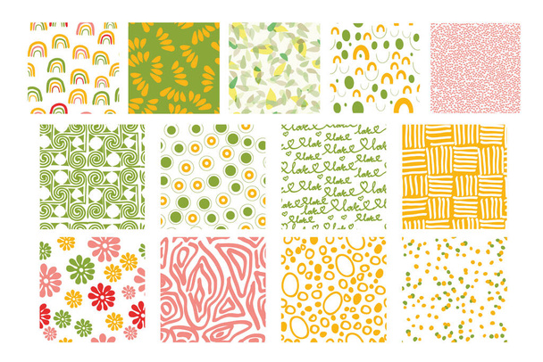 Σύνολο 16 αδιάλειπτη μοτίβα. Διάνυσμα με δέρματα άγριων ζώων, φυτών, βοτάνων και λουλουδιών, πολύχρωμες ζωγραφιές, - Διάνυσμα, εικόνα