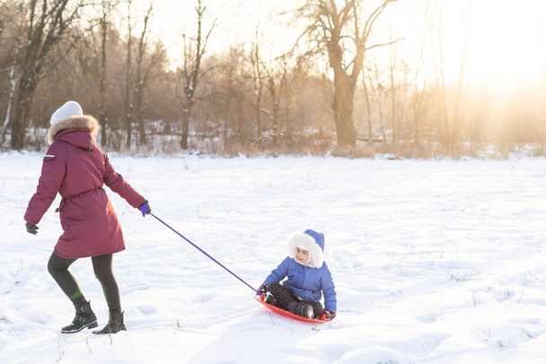 Sledding at winter time, mother carries daughter on a on ice sled - Foto, immagini
