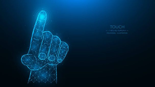 Touch the future concept. Polygonal vector illustration of a hand pressing something on a dark blue background - Vektori, kuva