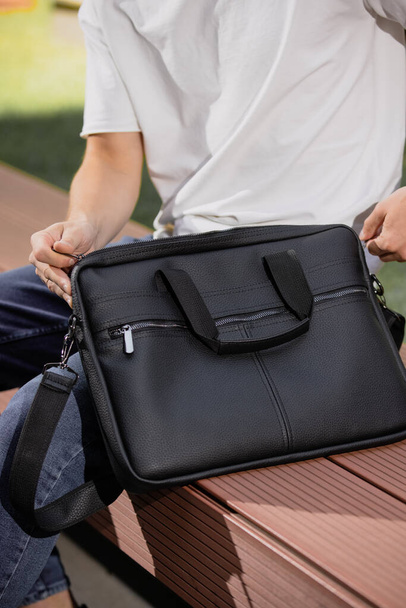 Black leather bag for laptop PC - Φωτογραφία, εικόνα