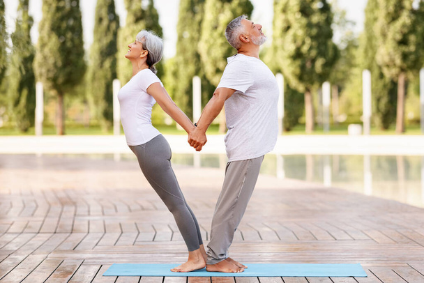 Feliz pareja de ancianos, hombres y mujeres en ropa deportiva, practicando yoga en pareja en la soleada mañana afuera en el parque de la ciudad, de pie descalzos en la alfombra, uno detrás del otro tomados de la mano. - Foto, imagen