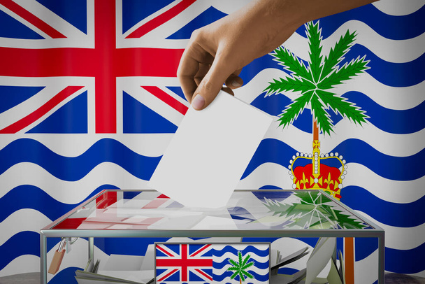 British Ocean Indian Territory vlag, met de hand laten vallen stemkaart in een doos - stemmen, verkiezingsconcept - 3D illustratie - Foto, afbeelding
