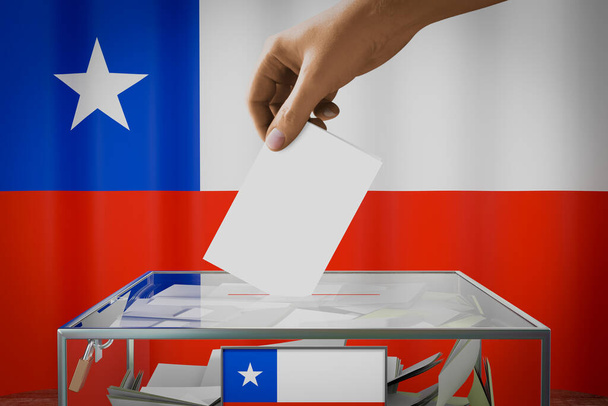 Chile-Flagge, Hand wirft Wahlkarte in eine Box - Abstimmung, Wahlkonzept - 3D-Illustration - Foto, Bild