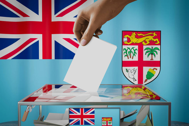 Bandiera Figi, mano cadere scheda elettorale in una scatola - voto, concetto di elezione - Illustrazione 3D - Foto, immagini