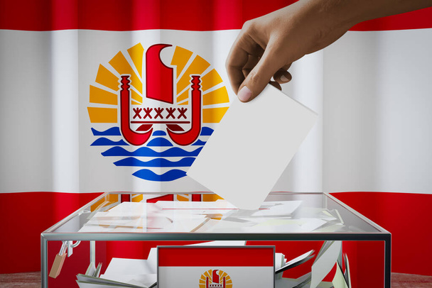Franse vlag Polynesië, stemkaart in een doos laten vallen - stemmen, verkiezingsconcept - 3D-illustratie - Foto, afbeelding