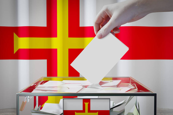Drapeau de Guernesey, dépôt à la main d'une carte de vote dans une boîte - vote, concept électoral - illustration 3D - Photo, image