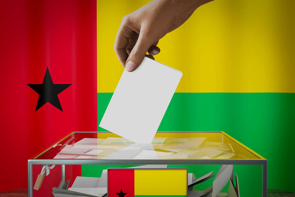 Drapeau de Guinée, dépôt manuel d'une carte de vote dans une boîte - vote, concept électoral - illustration 3D - Photo, image
