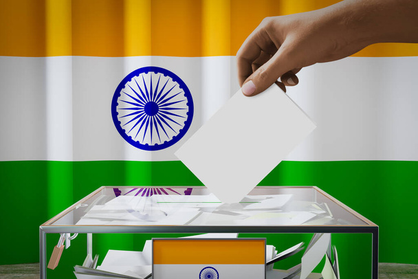 インドの旗、投票カードを箱に落とす-投票、選挙の概念- 3Dイラスト - 写真・画像