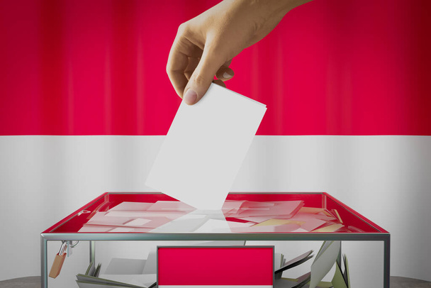 Indonesië vlag, hand laten vallen stemkaart in een doos - stemming, verkiezingsconcept - 3D illustratie - Foto, afbeelding