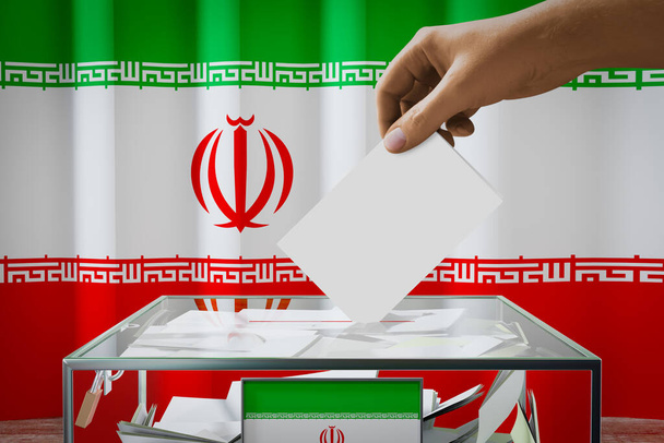 Drapeau de l'Iran, dépôt à la main d'une carte de vote dans une boîte - vote, concept électoral - illustration 3D - Photo, image