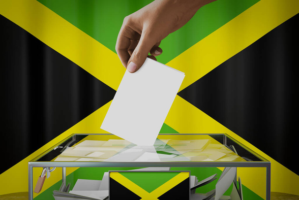 Bandiera giamaicana, mano cadere scheda elettorale in una scatola - voto, concetto di elezione - Illustrazione 3D - Foto, immagini