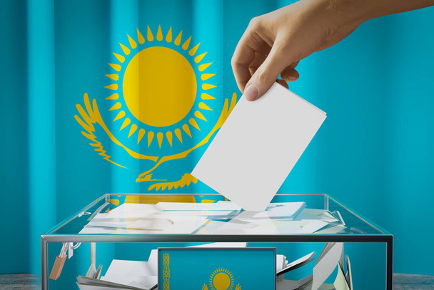 Bandeira do Cazaquistão, mão soltando o cartão de cédula em uma caixa - votação, conceito de eleição - ilustração 3D - Foto, Imagem