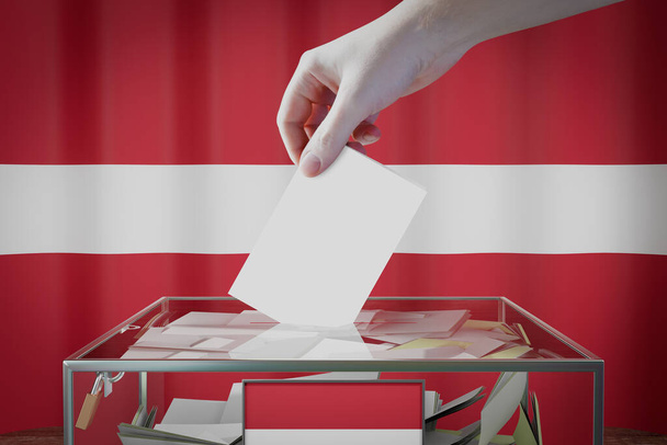 Lettonia bandiera, mano cadere scheda elettorale in una scatola - voto, concetto di elezione - Illustrazione 3D - Foto, immagini