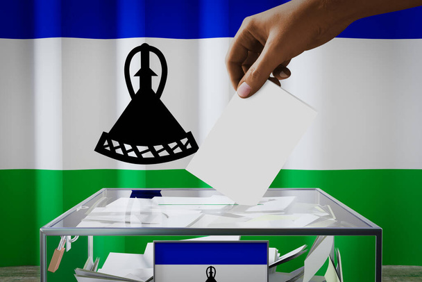 Lesotho vlag, hand laten vallen stemkaart in een doos - stemmen, verkiezingsconcept - 3D illustratie - Foto, afbeelding