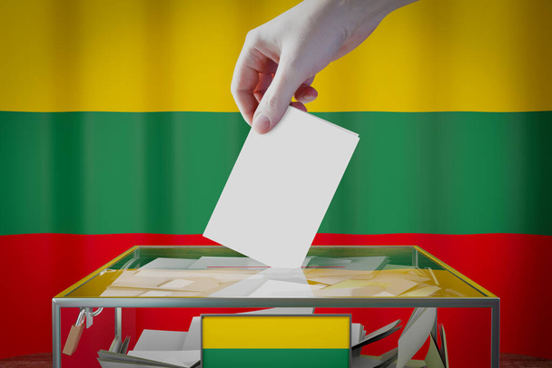Bandera de Lituania, mano dejando caer la tarjeta de votación en una caja - votación, concepto electoral - ilustración 3D - Foto, Imagen