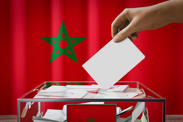 Drapeau du Maroc, dépôt à la main d'une carte de vote dans une boîte - vote, concept électoral - illustration 3D - Photo, image