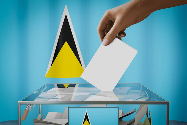 Vlajka Svaté Lucie, ruční upuštění volební karty do boxu - hlasování, volební koncept - 3D ilustrace - Fotografie, Obrázek