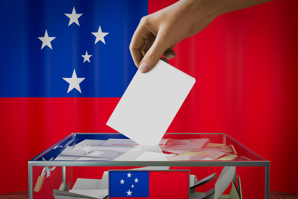 Bandera de Samoa, mano dejando caer la tarjeta de votación en una caja - votación, concepto electoral - Ilustración 3D - Foto, imagen