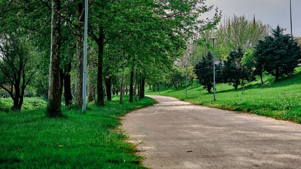 chemin sale et sentier dans le parc public Bursa avec des lampadaires et de l'herbe verte  - Photo, image