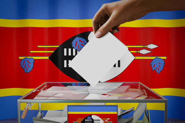 Bandera de Eswatini, mano dejando caer la tarjeta de votación en una caja - votación, concepto electoral - Ilustración 3D - Foto, Imagen