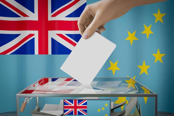 Drapeau Tuvalu, dépôt à la main d'une carte de vote dans une boîte - vote, concept électoral - illustration 3D - Photo, image