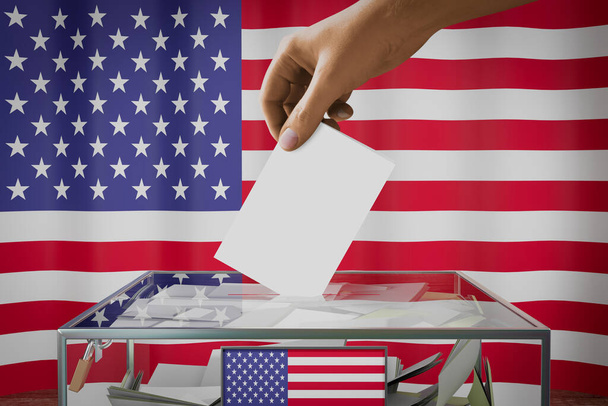 Bandera de EE.UU., mano dejando caer la tarjeta de votación en una caja - votación, concepto electoral - Ilustración 3D - Foto, imagen