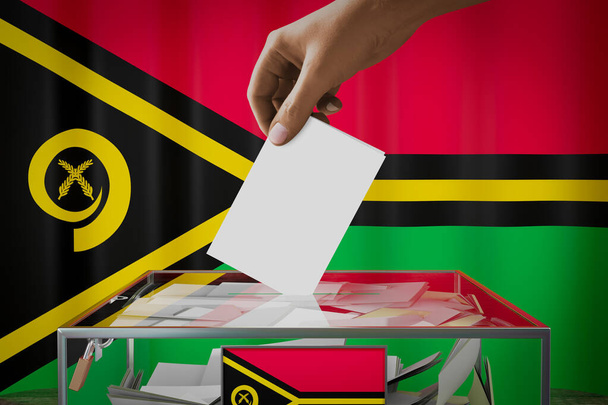 Bandera de Vanuatu, mano dejando caer la tarjeta de votación en una caja - votación, concepto electoral - Ilustración 3D - Foto, Imagen