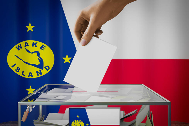 Drapeau de Wake Island, dépôt à la main d'une carte de vote dans une boîte - vote, concept électoral - illustration 3D - Photo, image