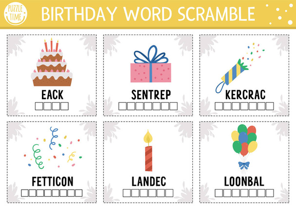 Vector Happy Birthday word scramble activity cards. English language game with cute candle, balloons, cake for kids. Holiday party family quiz. Simple educational printable worksheet - Vector, Image
