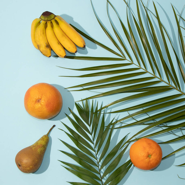 Taze meyve ve açık mavi arka planda yeşil palmiye yapraklarıyla yapılmış yaz tropik düzeni. Asgari doğal düz. - Fotoğraf, Görsel
