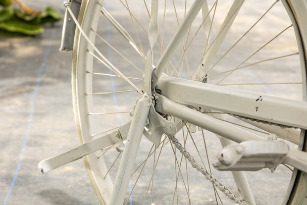 A closeup shot of a white classic bicycle in a park - Фото, зображення