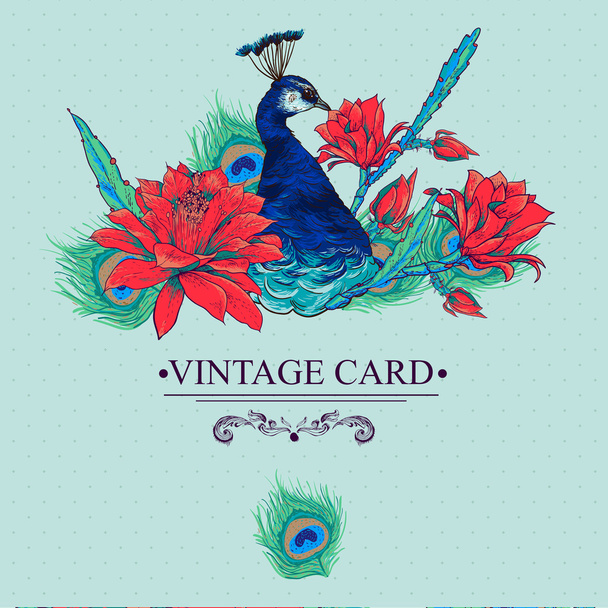 孔雀を持つ花のベクトル ビンテージ カード - ベクター画像