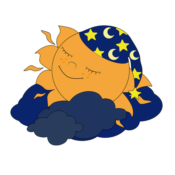 Cute  sun in caps is sleeping in the clouds and smiling happily.  Vector illustration on white background. Image for children's design, prints and books. - Vector, Image