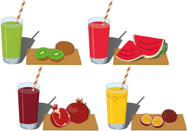 Glass of fresh fruit juice with cut fruits vector illustration - Vector, Image