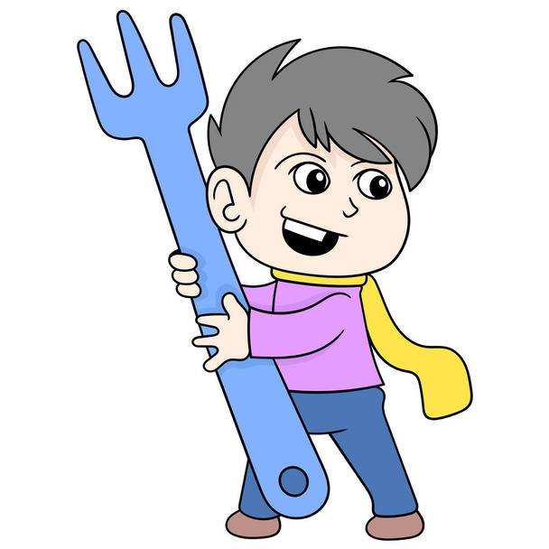 happy smiling face boy carrying a giant fork, doodle icon image kawaii - ベクター画像