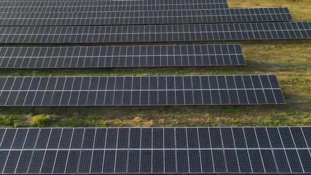 Ekologie panely solárních elektráren na polích zelená energie při západu slunce krajina elektrické inovace přírodní prostředí - Záběry, video