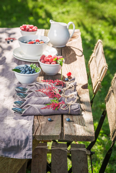 Tasty breakfast with granola and berries. Healthy and tasty breakfast. Table in sunny garden. - Foto, Bild
