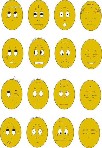 異なる感情や顔の特徴を持つ面白い漫画の黄色の顔のグループ - ベクター画像