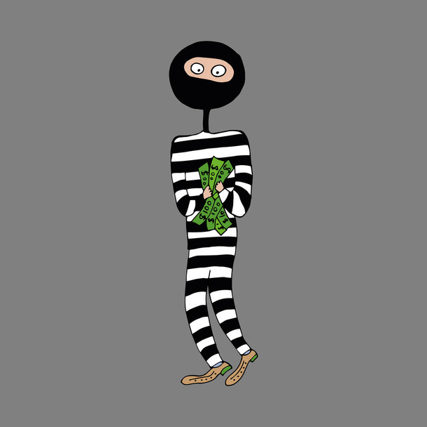 The thief is a swindler in striped clothes. A thief robbed a bank. The fraudster holds a lot of banknotes in his hands. Vector. - Vettoriali, immagini