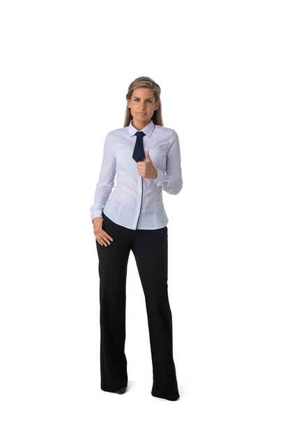 Successful business woman give you an excellent sign thumb up, full length portrait isolated on white background. - Φωτογραφία, εικόνα