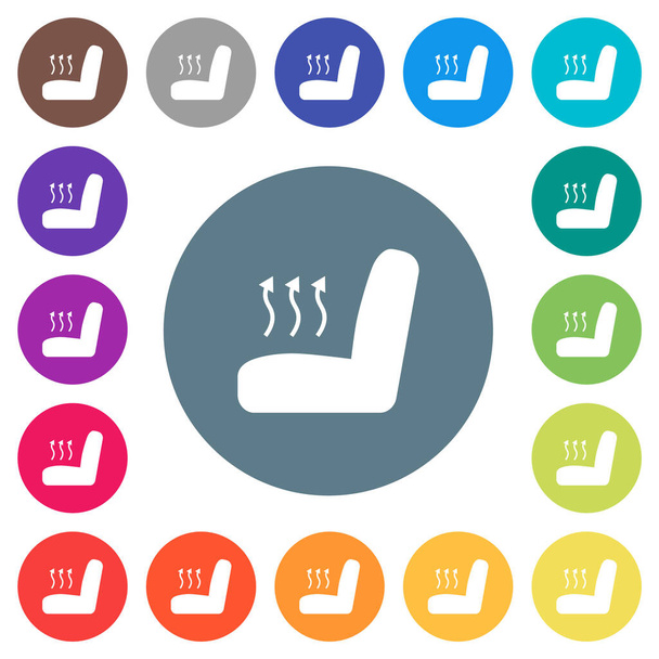 Autostoel verwarming platte witte pictogrammen op ronde kleur achtergronden. 17 achtergrond kleurvariaties zijn opgenomen. - Vector, afbeelding