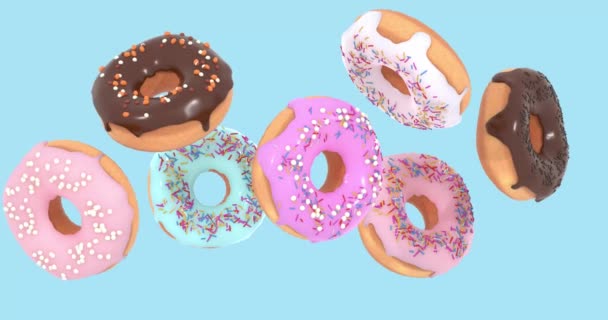 飛行ドーナツ-青の背景に隔離されたスプリンクルと多色の甘いドーナツのミックス。3Dアニメーション - 映像、動画