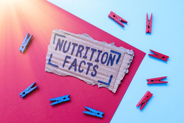 Podpis Conceptual Nutrition Facts. Business showcase szczegółowe informacje na temat żywności s jest zawartość składników odżywczych Proste domowe pomysły rzemieślnicze i wzory Recykling Używane materiały - Zdjęcie, obraz