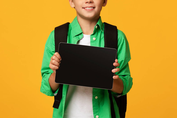 Hymyilevä teini söpö poika oppilas näyttää tabletti tyhjä näyttö, suositella verkkosivuilla - Valokuva, kuva