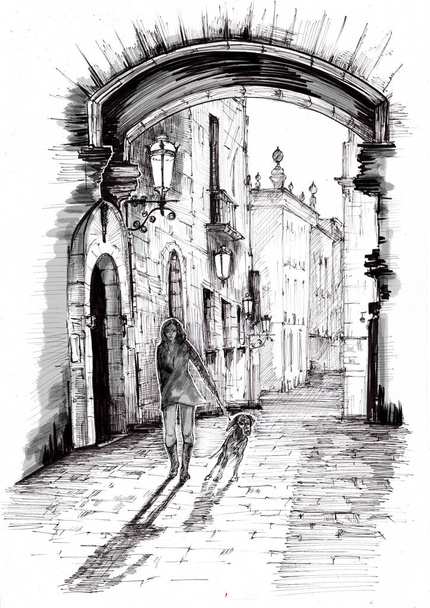 Una chica con un perro pasea por una ciudad vacía. Buenas noches en el casco antiguo. Gráficos de tinta. - Foto, Imagen