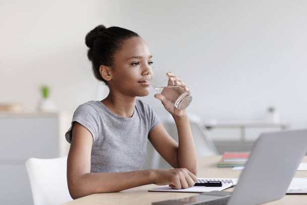 Genç Afrikalı Amerikalı kız bardaktan su içiyor ve oturma odasında dizüstü bilgisayarla ders çalışıyor. - Fotoğraf, Görsel