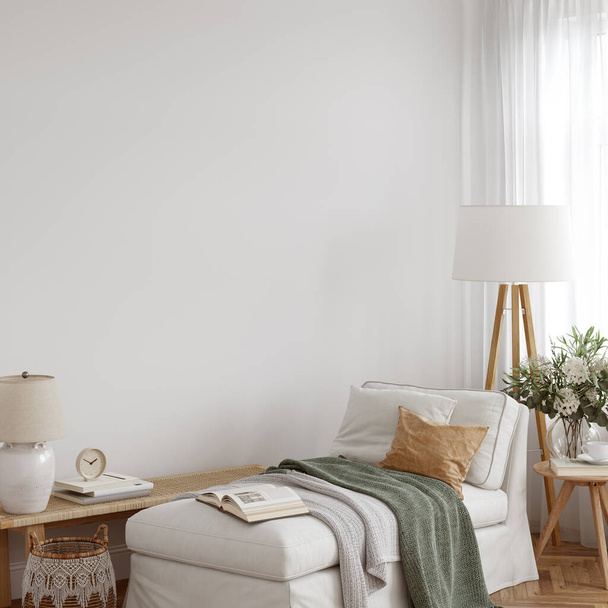 Amistoso estilo interior. sala de estar. Una maqueta de pared. Arte mural. representación 3d, ilustración 3d - Foto, Imagen